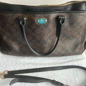 Coach Brown Signature Canvas Tote with Black Leather Trim